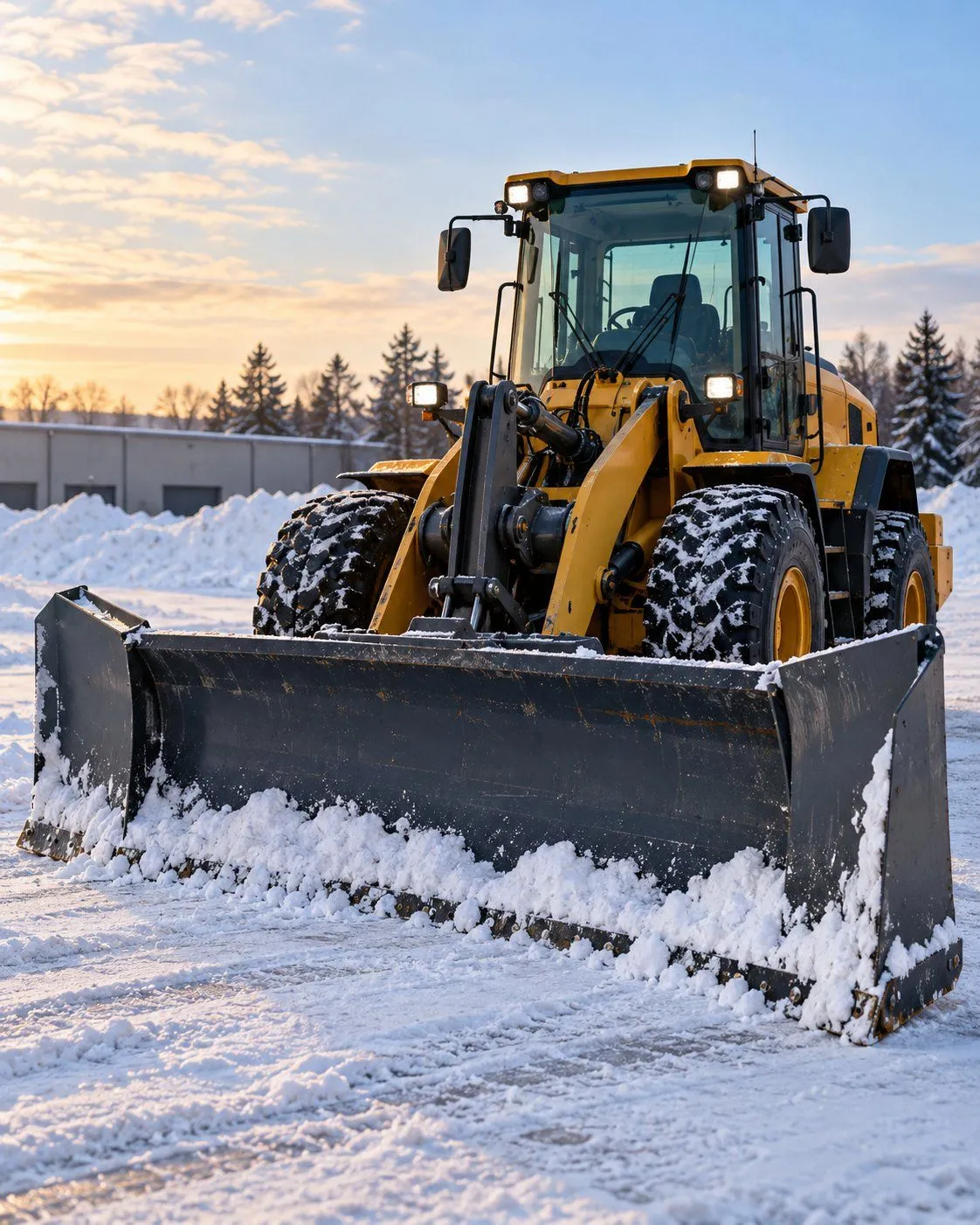 Yellow wheel loader with snow tires and a snowplow bucket, ready for winter work